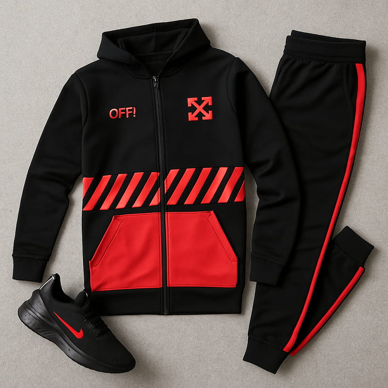 ست سوییشرت شلوار مردانه مشکی قرمزoff-white مدل Manga